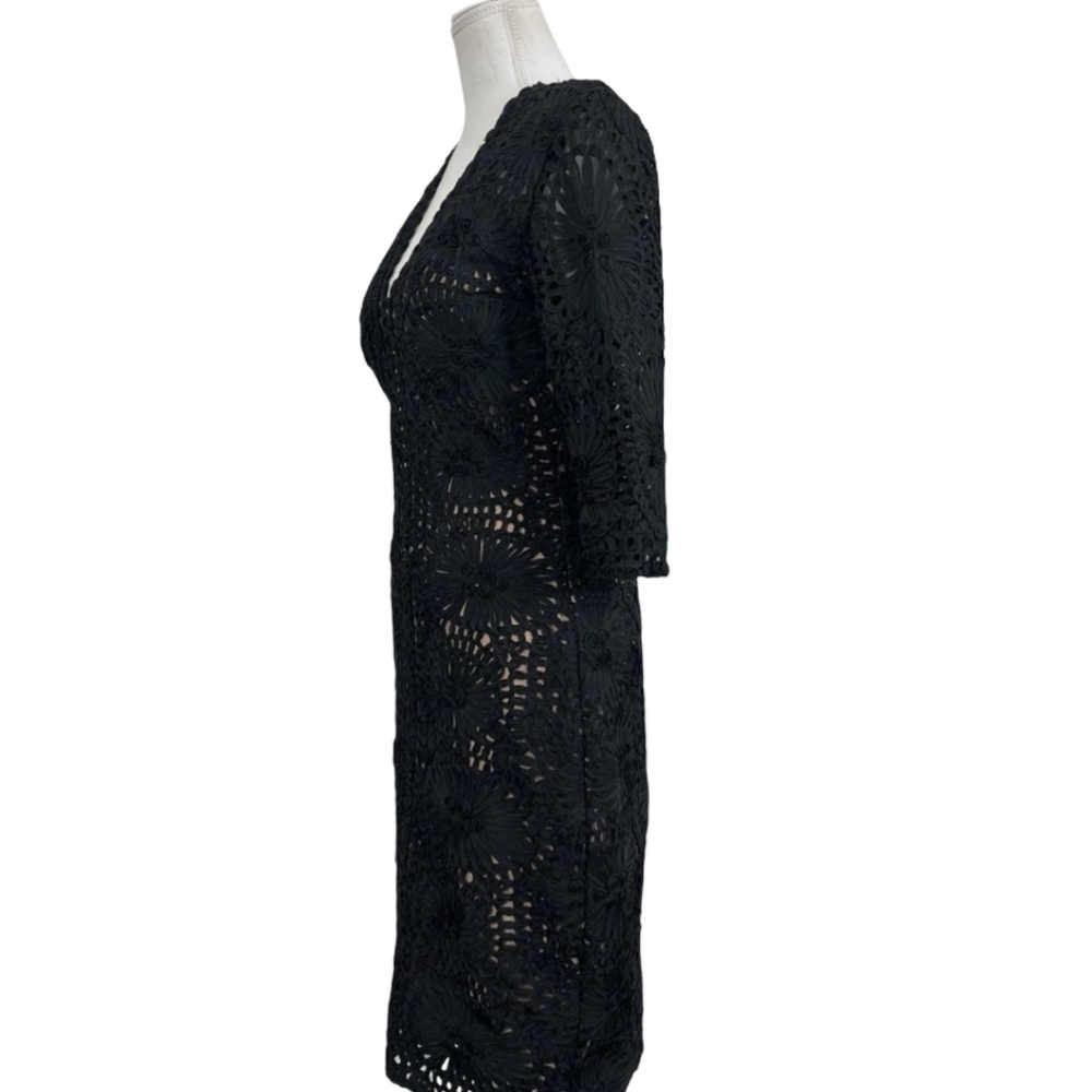Jovani Black Lace Cocktail Dress Size 10 - 3/4 Sleeve V-Neck Fitted - Picture 3 of 12